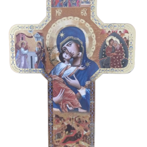 Icône croix Vierge Marie imprimée sur bois - 12 x 18 cm
